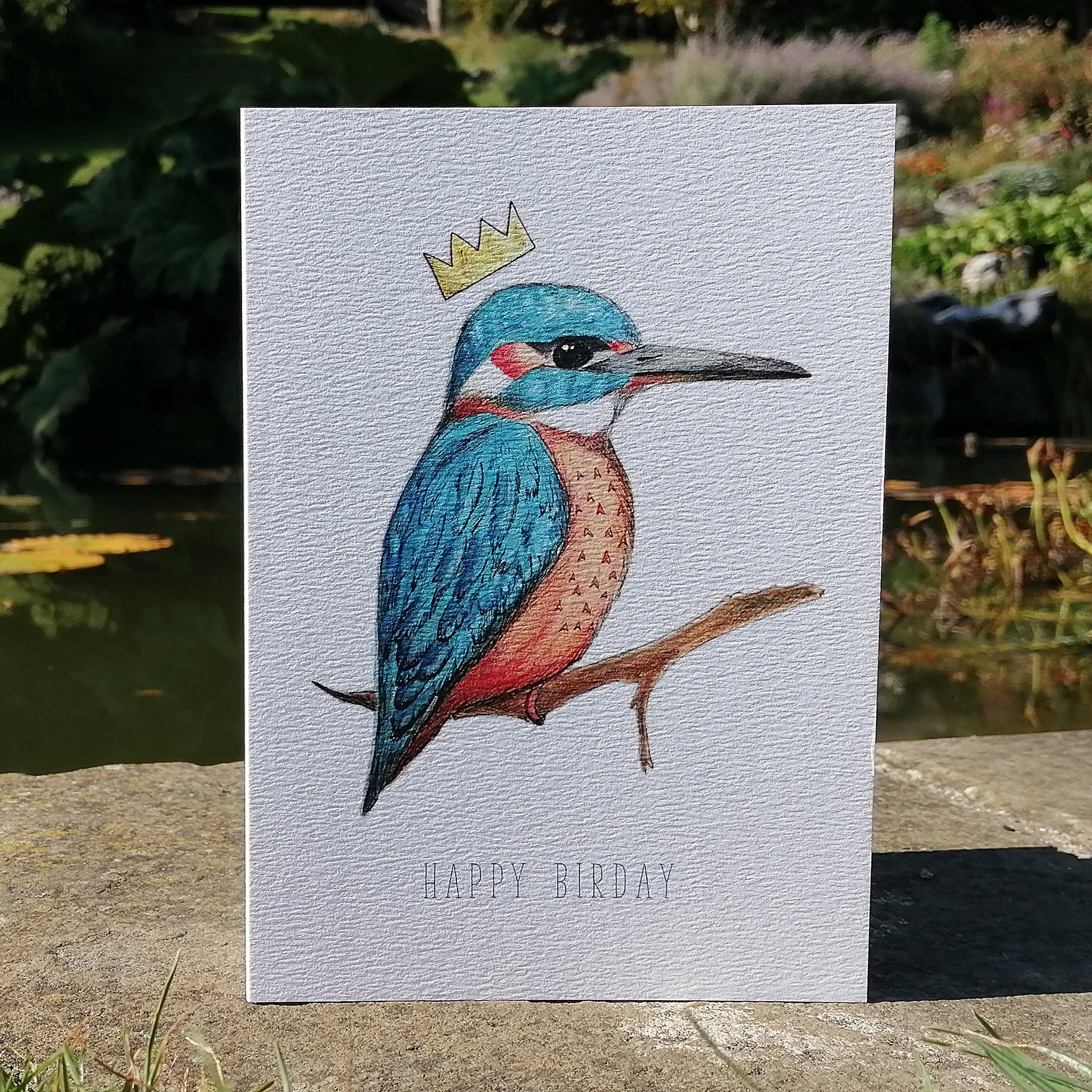 Kingfisher Happy Birday Illustration Blank Greetings Card